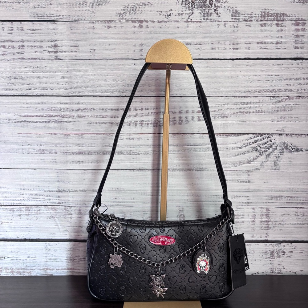 Ed Hardy Black Shoulder/Crossbody Purse with Chain and Embellishments